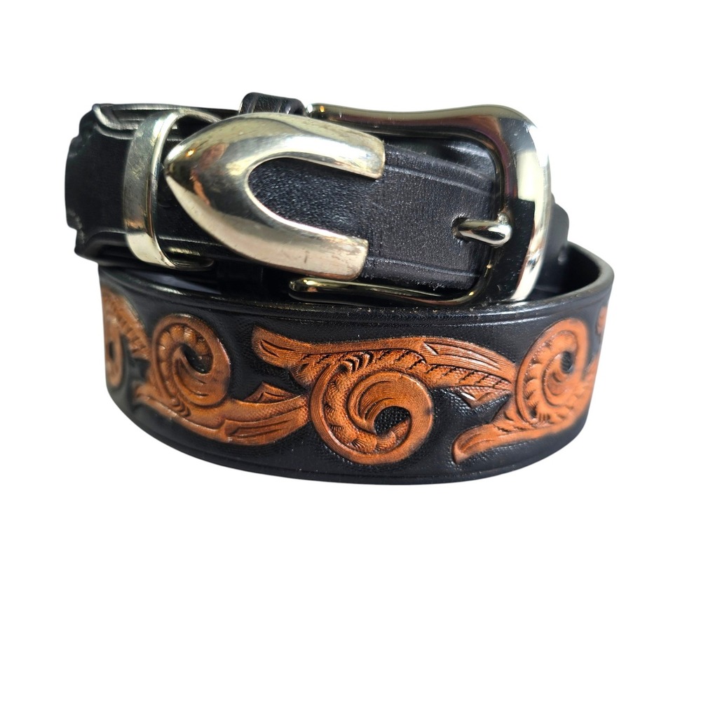 PW Custom Leatherware Black Tooled Leather Ranger Belt‎ Solid Brass Buckle 32